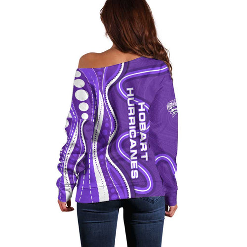 Hobart Hurricanes Off Shoulder Sweater Aboriginal Dot Art Purple White - Tribal Wave Pattern