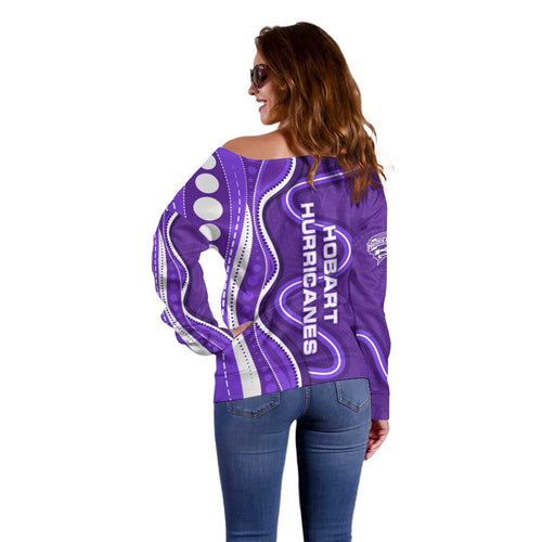 Hobart Hurricanes Off Shoulder Sweater Aboriginal Dot Art Purple White - Tribal Wave Pattern