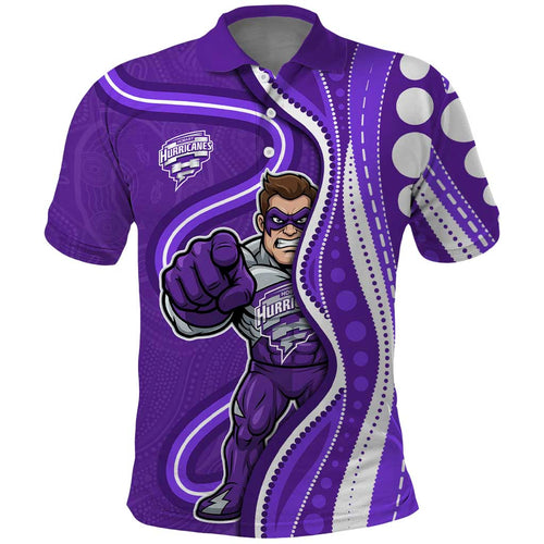 Hobart Hurricanes Polo Shirt Aboriginal Dot Art Purple White - Tribal Wave Pattern