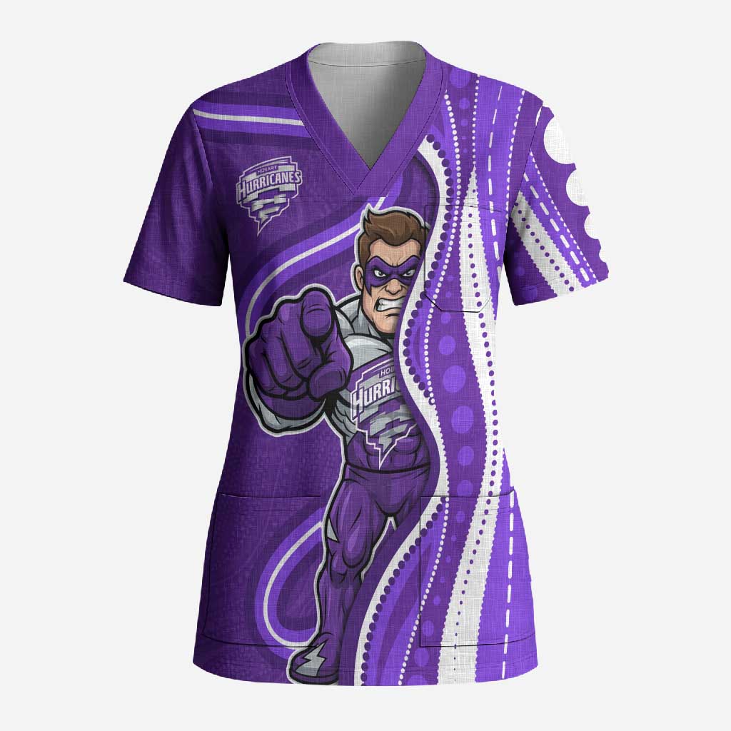 Hobart Hurricanes Scrub Top Aboriginal Dot Art Purple White - Tribal Wave Pattern