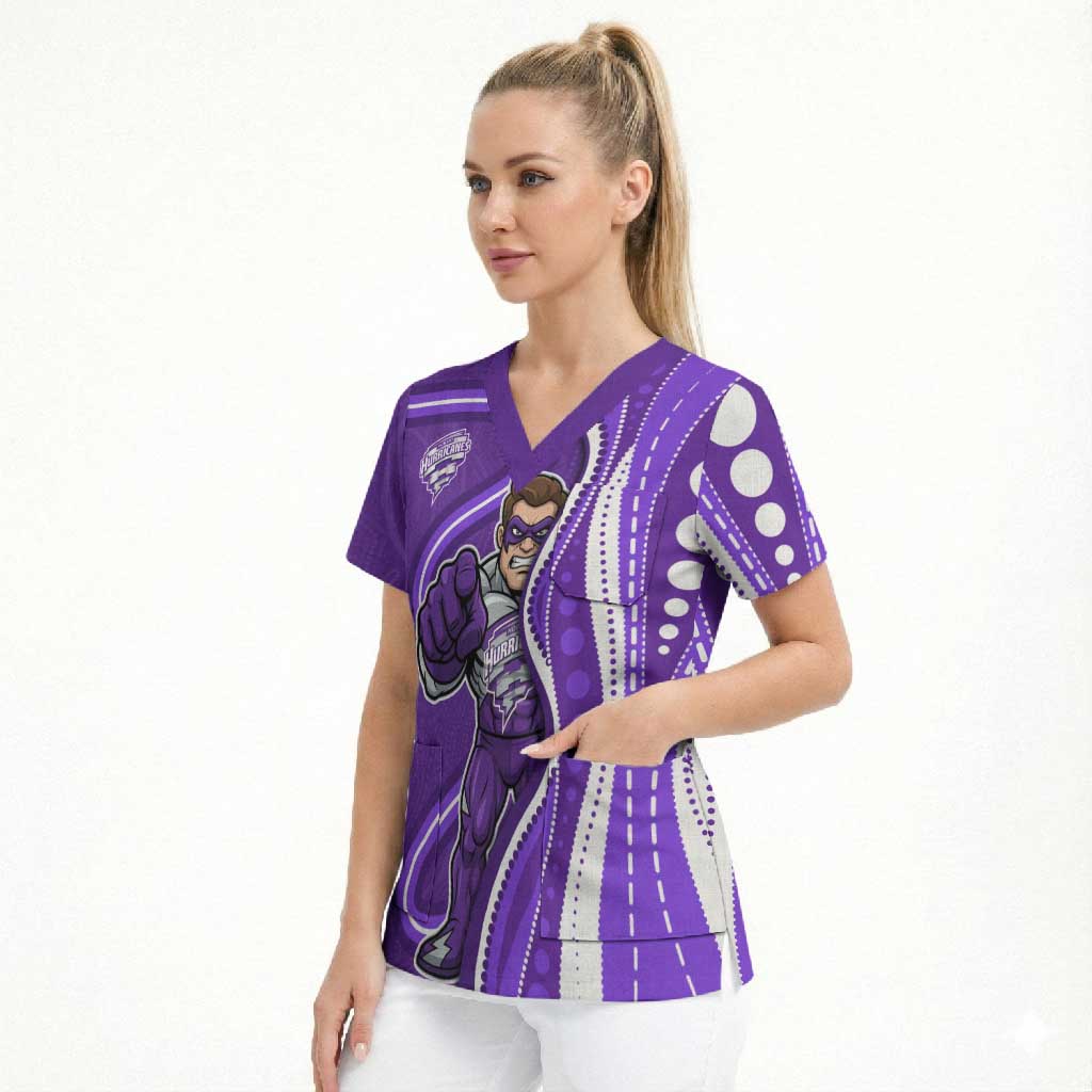 Hobart Hurricanes Scrub Top Aboriginal Dot Art Purple White - Tribal Wave Pattern