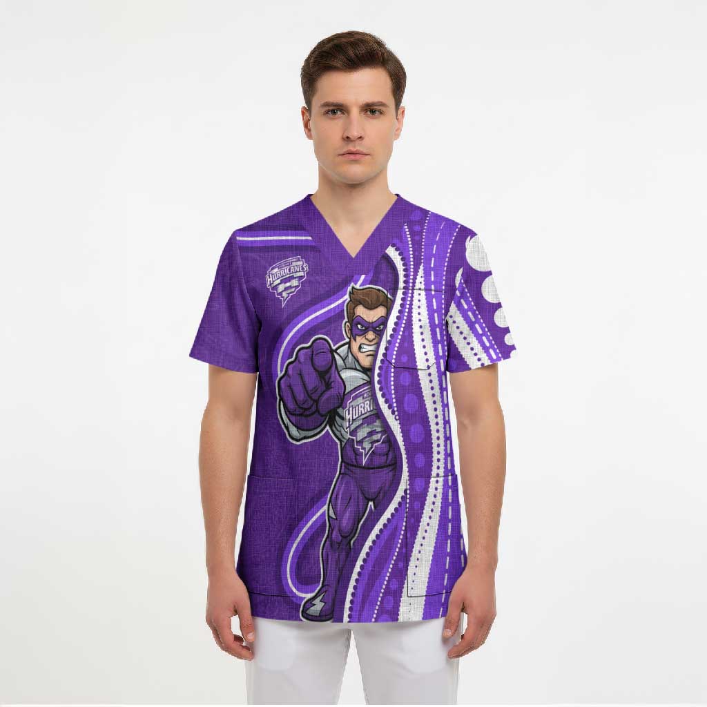 Hobart Hurricanes Scrub Top Aboriginal Dot Art Purple White - Tribal Wave Pattern
