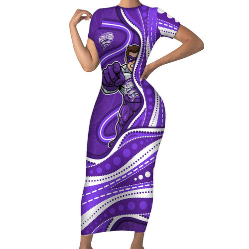 Hobart Hurricanes Short Sleeve Bodycon Dress Aboriginal Dot Art Purple White - Tribal Wave Pattern