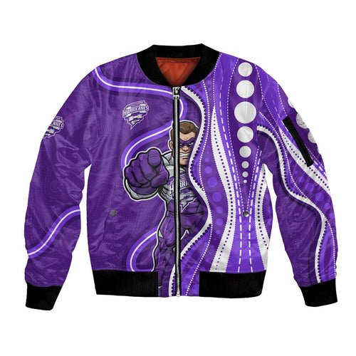 Hobart Hurricanes Sleeve Zip Bomber Jacket Aboriginal Dot Art Purple White - Tribal Wave Pattern