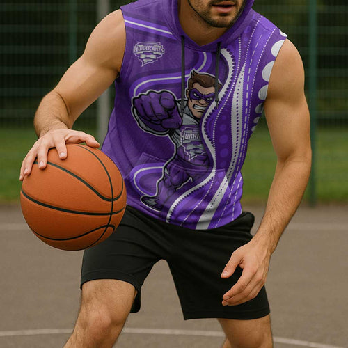 Hobart Hurricanes Sleeveless Hoodie Aboriginal Dot Art Purple White - Tribal Wave Pattern