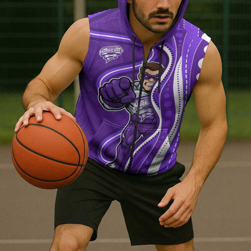 Hobart Hurricanes Sleeveless Zip Hoodie Aboriginal Dot Art Purple White - Tribal Wave Pattern