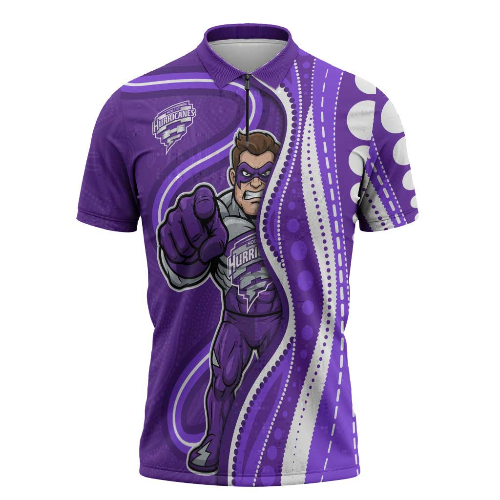 Hobart Hurricanes Zipper Polo Shirt Aboriginal Dot Art Purple White - Tribal Wave Pattern
