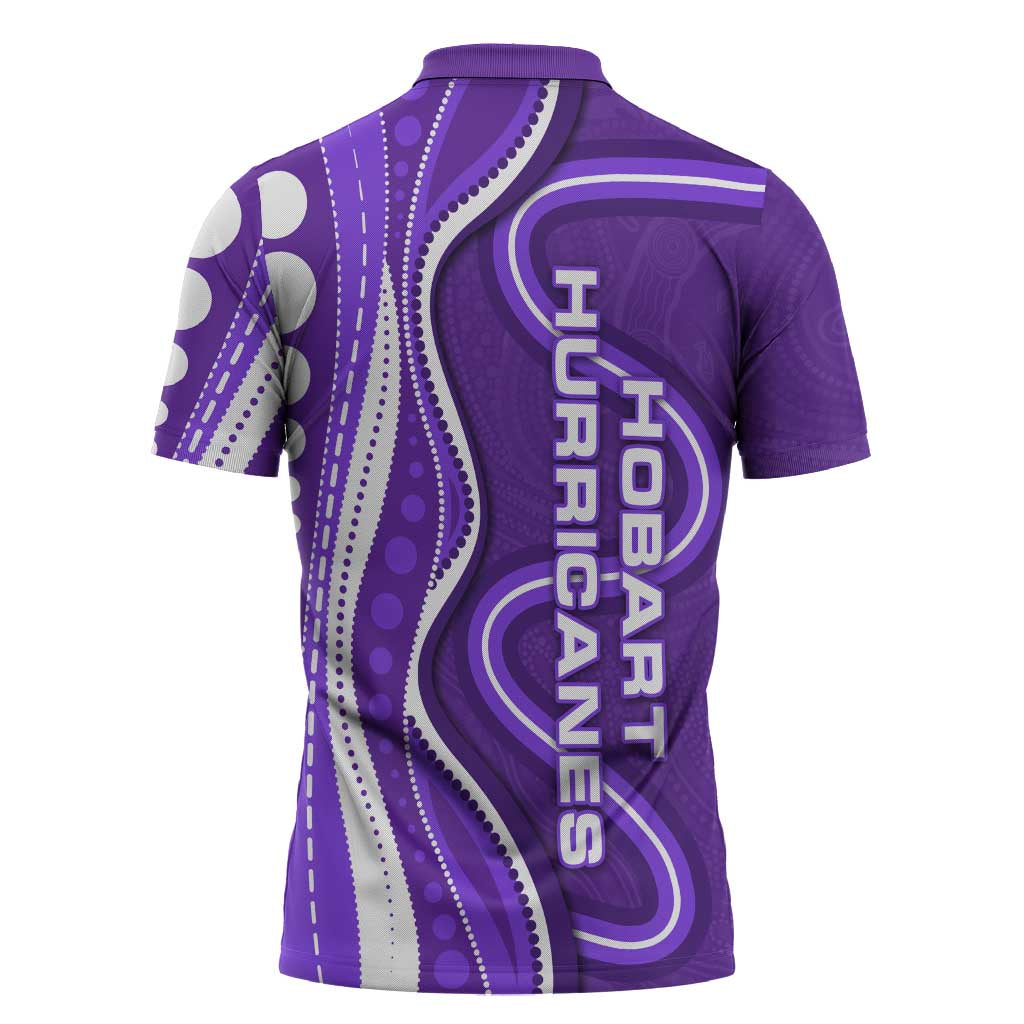 Hobart Hurricanes Zipper Polo Shirt Aboriginal Dot Art Purple White - Tribal Wave Pattern