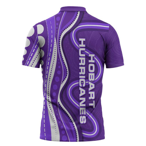 Hobart Hurricanes Zipper Polo Shirt Aboriginal Dot Art Purple White - Tribal Wave Pattern
