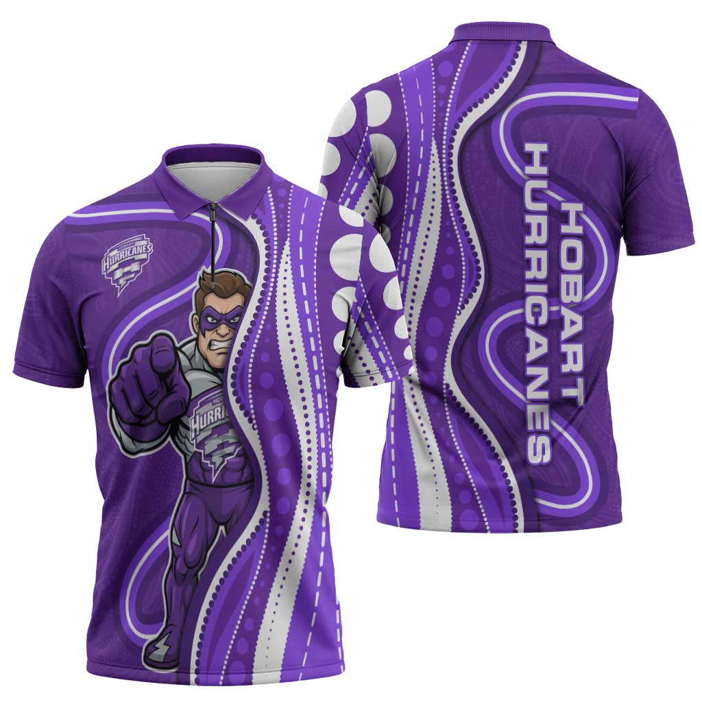 Hobart Hurricanes Zipper Polo Shirt Aboriginal Dot Art Purple White - Tribal Wave Pattern