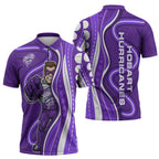 Hobart Hurricanes Zipper Polo Shirt Aboriginal Dot Art Purple White - Tribal Wave Pattern