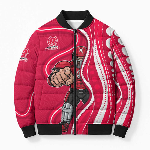 Melbourne Renegades Bomber Puffer Jacket Aboriginal Dot Art Red White - Tribal Wave Pattern
