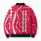 Melbourne Renegades Bomber Puffer Jacket Aboriginal Dot Art Red White - Tribal Wave Pattern