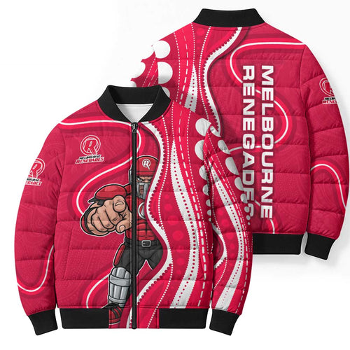 Melbourne Renegades Bomber Puffer Jacket Aboriginal Dot Art Red White - Tribal Wave Pattern