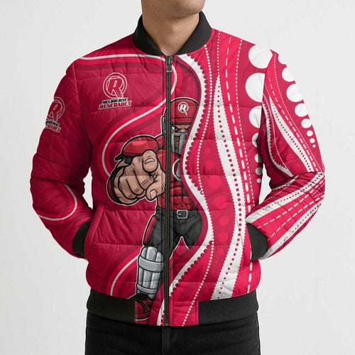 Melbourne Renegades Bomber Puffer Jacket Aboriginal Dot Art Red White - Tribal Wave Pattern