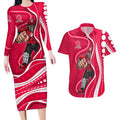 Melbourne Renegades Couples Matching Long Sleeve Bodycon Dress and Hawaiian Shirt Aboriginal Dot Art Red White - Tribal Wave Pattern
