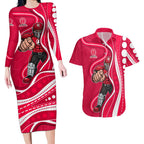 Melbourne Renegades Couples Matching Long Sleeve Bodycon Dress and Hawaiian Shirt Aboriginal Dot Art Red White - Tribal Wave Pattern