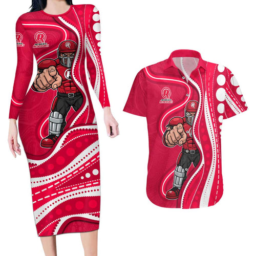 Melbourne Renegades Couples Matching Long Sleeve Bodycon Dress and Hawaiian Shirt Aboriginal Dot Art Red White - Tribal Wave Pattern