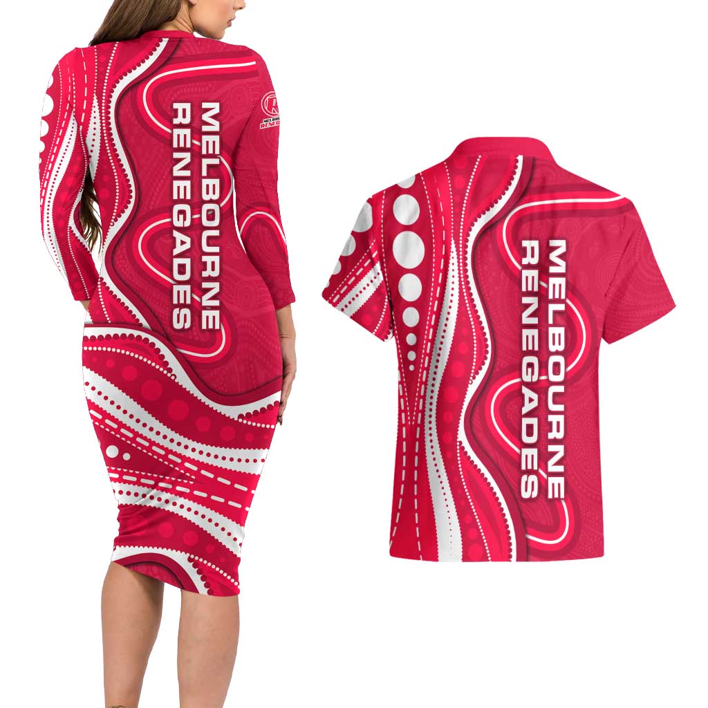 Melbourne Renegades Couples Matching Long Sleeve Bodycon Dress and Hawaiian Shirt Aboriginal Dot Art Red White - Tribal Wave Pattern