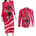 Melbourne Renegades Couples Matching Long Sleeve Bodycon Dress and Long Sleeve Button Shirt Aboriginal Dot Art Red White - Tribal Wave Pattern