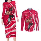 Melbourne Renegades Couples Matching Long Sleeve Bodycon Dress and Long Sleeve Button Shirt Aboriginal Dot Art Red White - Tribal Wave Pattern