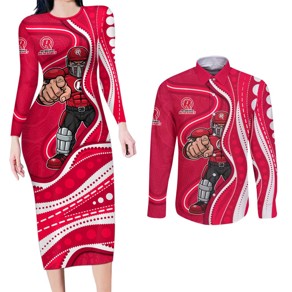 Melbourne Renegades Couples Matching Long Sleeve Bodycon Dress and Long Sleeve Button Shirt Aboriginal Dot Art Red White - Tribal Wave Pattern