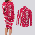 Melbourne Renegades Couples Matching Long Sleeve Bodycon Dress and Long Sleeve Button Shirt Aboriginal Dot Art Red White - Tribal Wave Pattern