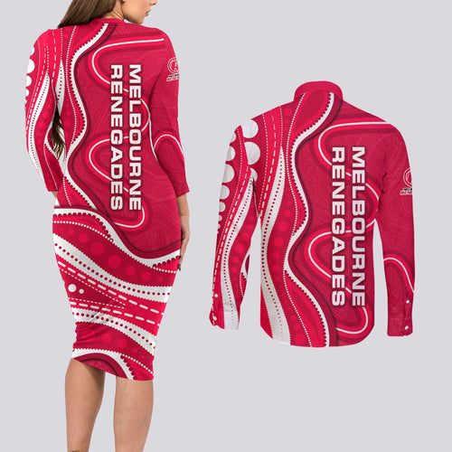 Melbourne Renegades Couples Matching Long Sleeve Bodycon Dress and Long Sleeve Button Shirt Aboriginal Dot Art Red White - Tribal Wave Pattern