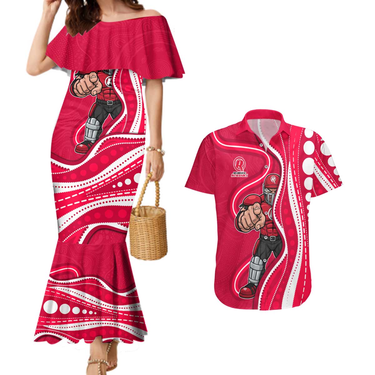 Melbourne Renegades Couples Matching Mermaid Dress and Hawaiian Shirt Aboriginal Dot Art Red White - Tribal Wave Pattern