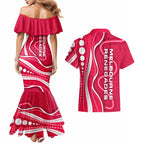 Melbourne Renegades Couples Matching Mermaid Dress and Hawaiian Shirt Aboriginal Dot Art Red White - Tribal Wave Pattern