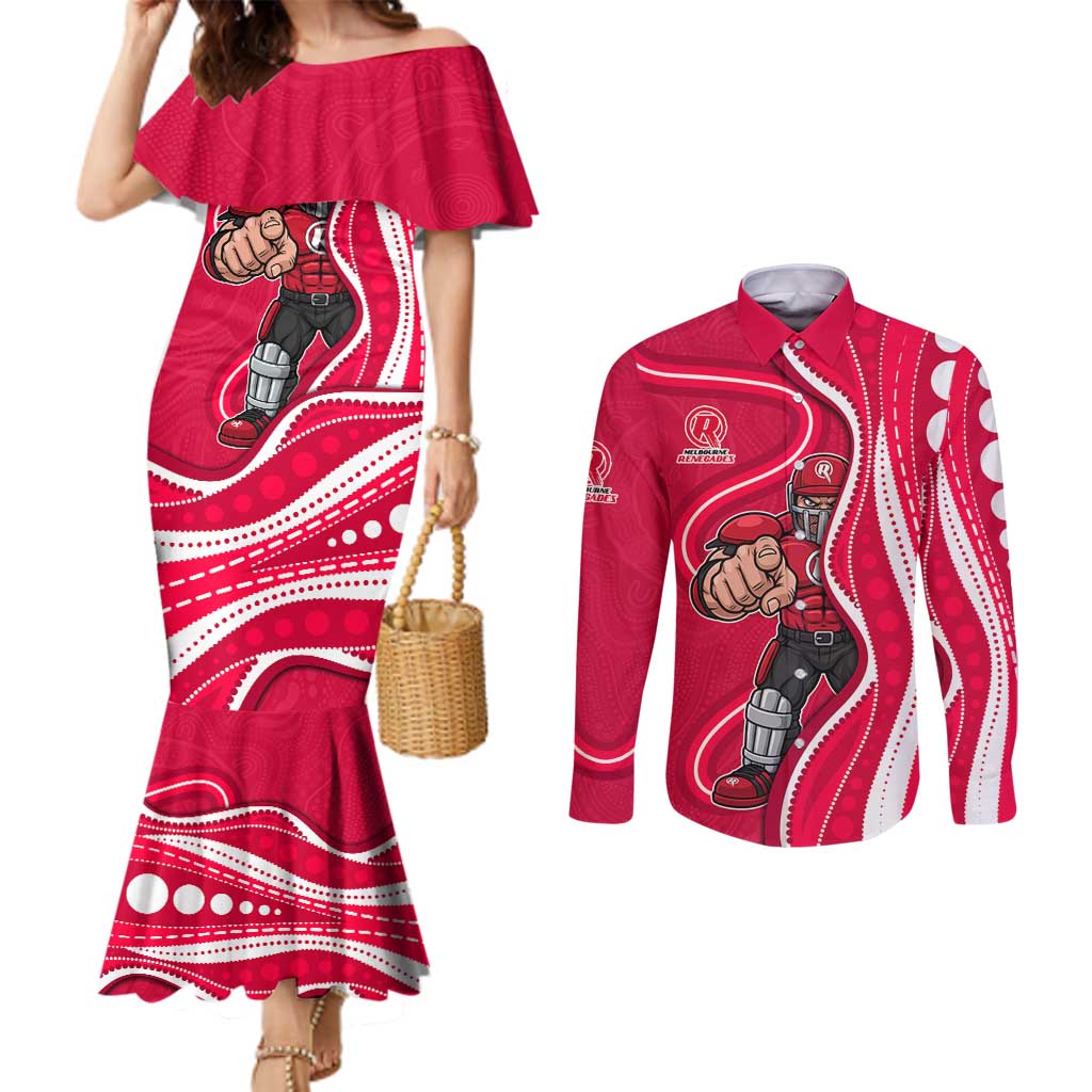 Melbourne Renegades Couples Matching Mermaid Dress and Long Sleeve Button Shirt Aboriginal Dot Art Red White - Tribal Wave Pattern