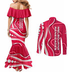 Melbourne Renegades Couples Matching Mermaid Dress and Long Sleeve Button Shirt Aboriginal Dot Art Red White - Tribal Wave Pattern