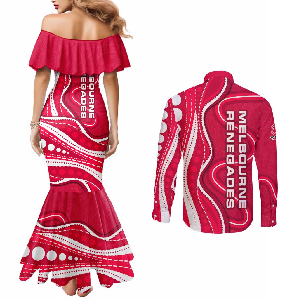 Melbourne Renegades Couples Matching Mermaid Dress and Long Sleeve Button Shirt Aboriginal Dot Art Red White - Tribal Wave Pattern