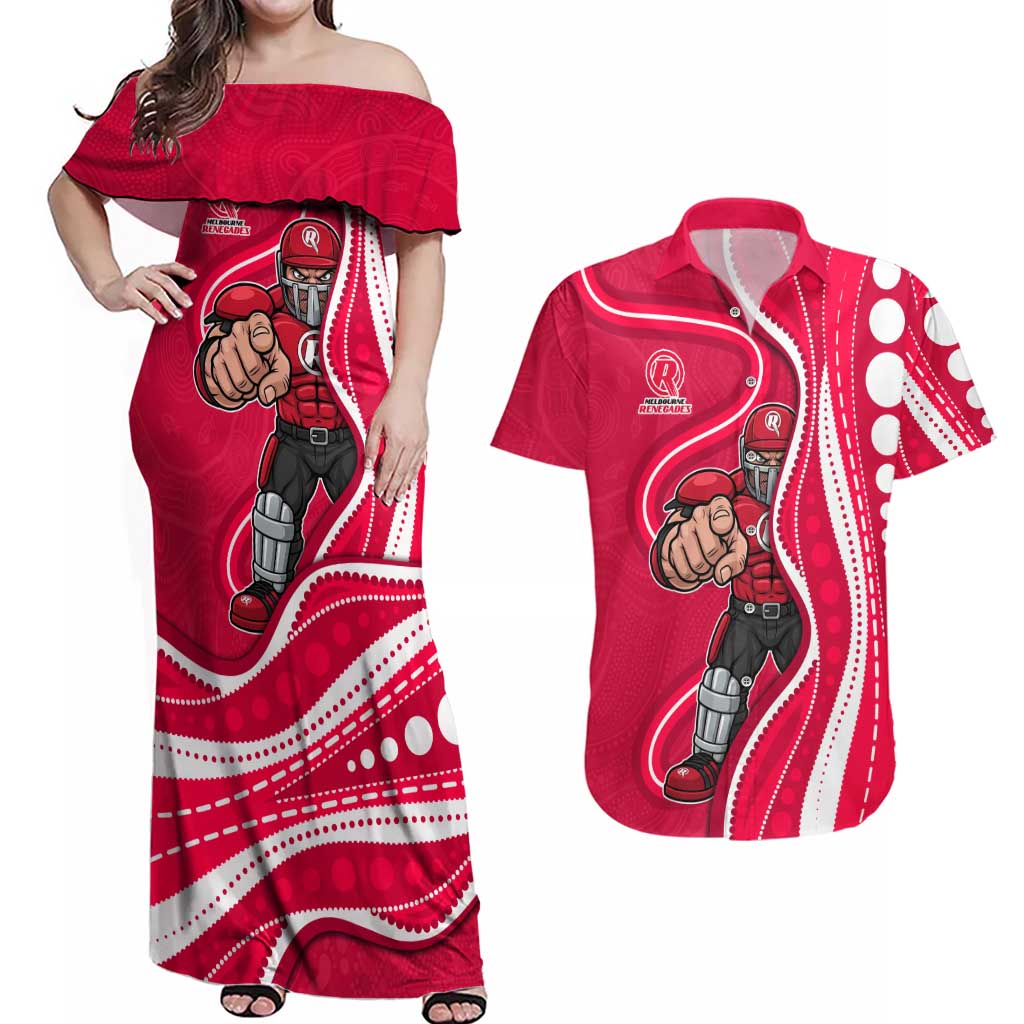 Melbourne Renegades Couples Matching Off Shoulder Maxi Dress and Hawaiian Shirt Aboriginal Dot Art Red White - Tribal Wave Pattern
