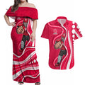Melbourne Renegades Couples Matching Off Shoulder Maxi Dress and Hawaiian Shirt Aboriginal Dot Art Red White - Tribal Wave Pattern