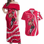 Melbourne Renegades Couples Matching Off Shoulder Maxi Dress and Hawaiian Shirt Aboriginal Dot Art Red White - Tribal Wave Pattern