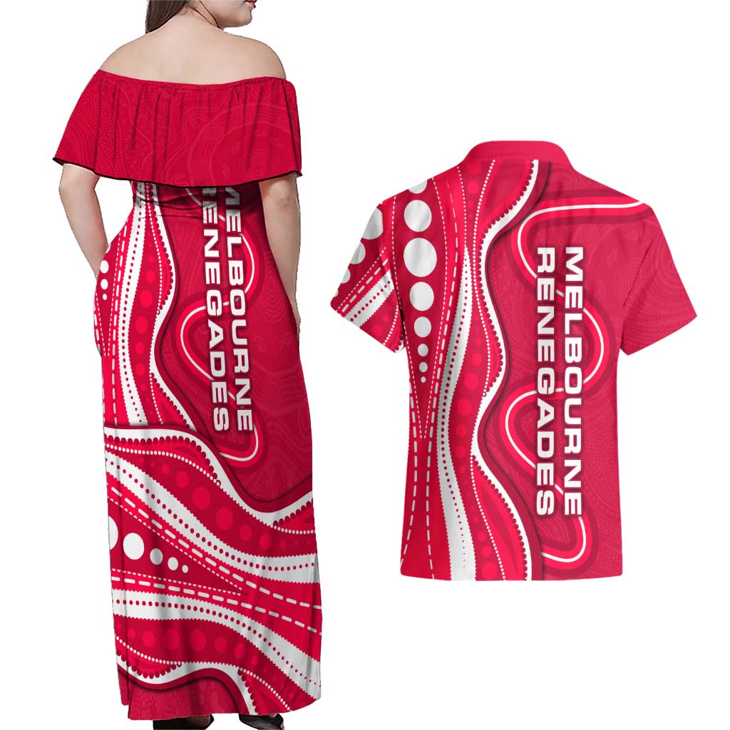 Melbourne Renegades Couples Matching Off Shoulder Maxi Dress and Hawaiian Shirt Aboriginal Dot Art Red White - Tribal Wave Pattern