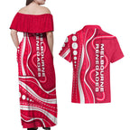 Melbourne Renegades Couples Matching Off Shoulder Maxi Dress and Hawaiian Shirt Aboriginal Dot Art Red White - Tribal Wave Pattern