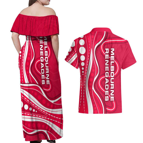 Melbourne Renegades Couples Matching Off Shoulder Maxi Dress and Hawaiian Shirt Aboriginal Dot Art Red White - Tribal Wave Pattern
