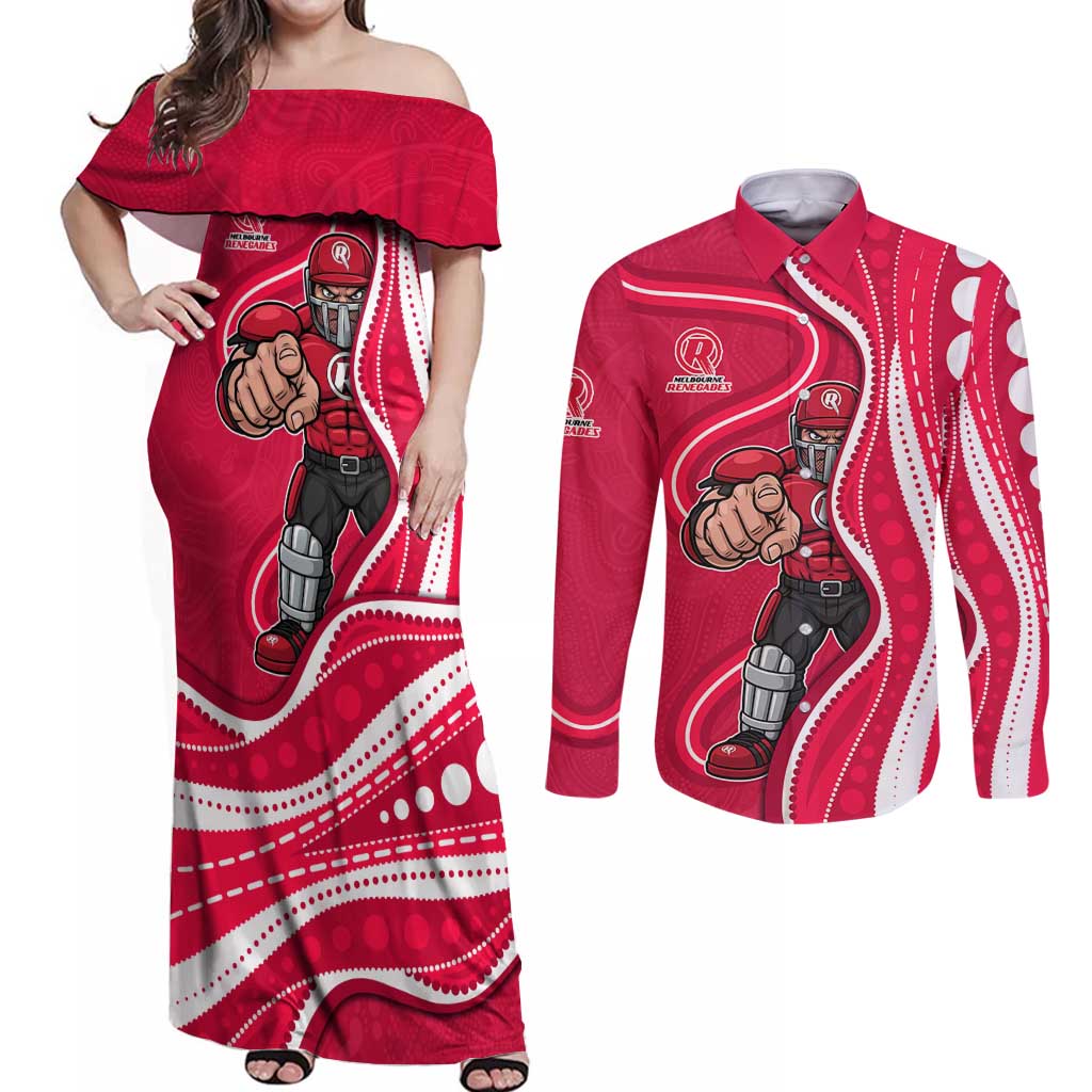 Melbourne Renegades Couples Matching Off Shoulder Maxi Dress and Long Sleeve Button Shirt Aboriginal Dot Art Red White - Tribal Wave Pattern