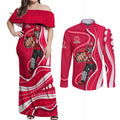 Melbourne Renegades Couples Matching Off Shoulder Maxi Dress and Long Sleeve Button Shirt Aboriginal Dot Art Red White - Tribal Wave Pattern