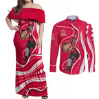 Melbourne Renegades Couples Matching Off Shoulder Maxi Dress and Long Sleeve Button Shirt Aboriginal Dot Art Red White - Tribal Wave Pattern