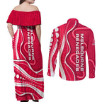 Melbourne Renegades Couples Matching Off Shoulder Maxi Dress and Long Sleeve Button Shirt Aboriginal Dot Art Red White - Tribal Wave Pattern