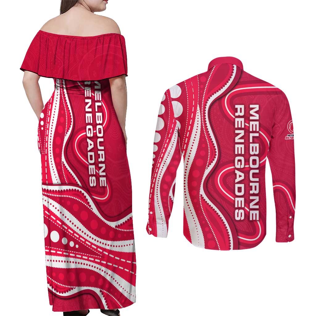 Melbourne Renegades Couples Matching Off Shoulder Maxi Dress and Long Sleeve Button Shirt Aboriginal Dot Art Red White - Tribal Wave Pattern
