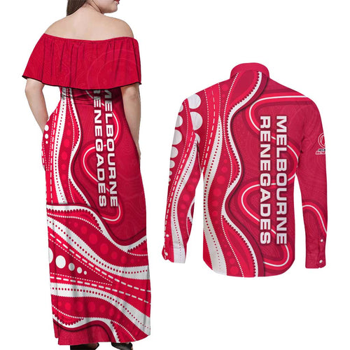 Melbourne Renegades Couples Matching Off Shoulder Maxi Dress and Long Sleeve Button Shirt Aboriginal Dot Art Red White - Tribal Wave Pattern