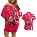Melbourne Renegades Couples Matching Off Shoulder Short Dress and Hawaiian Shirt Aboriginal Dot Art Red White - Tribal Wave Pattern
