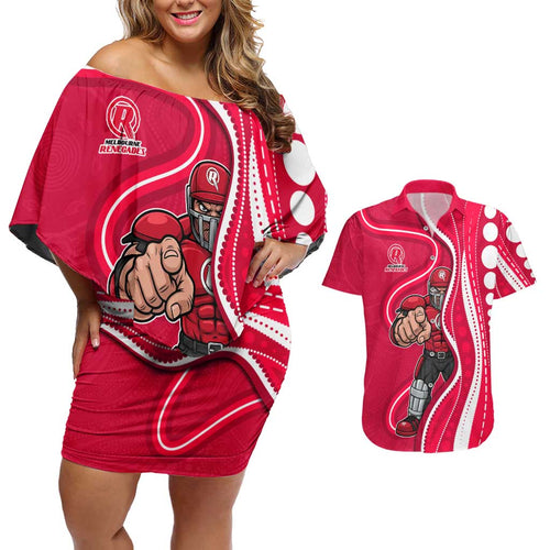 Melbourne Renegades Couples Matching Off Shoulder Short Dress and Hawaiian Shirt Aboriginal Dot Art Red White - Tribal Wave Pattern