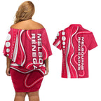 Melbourne Renegades Couples Matching Off Shoulder Short Dress and Hawaiian Shirt Aboriginal Dot Art Red White - Tribal Wave Pattern