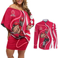 Melbourne Renegades Couples Matching Off Shoulder Short Dress and Long Sleeve Button Shirt Aboriginal Dot Art Red White - Tribal Wave Pattern
