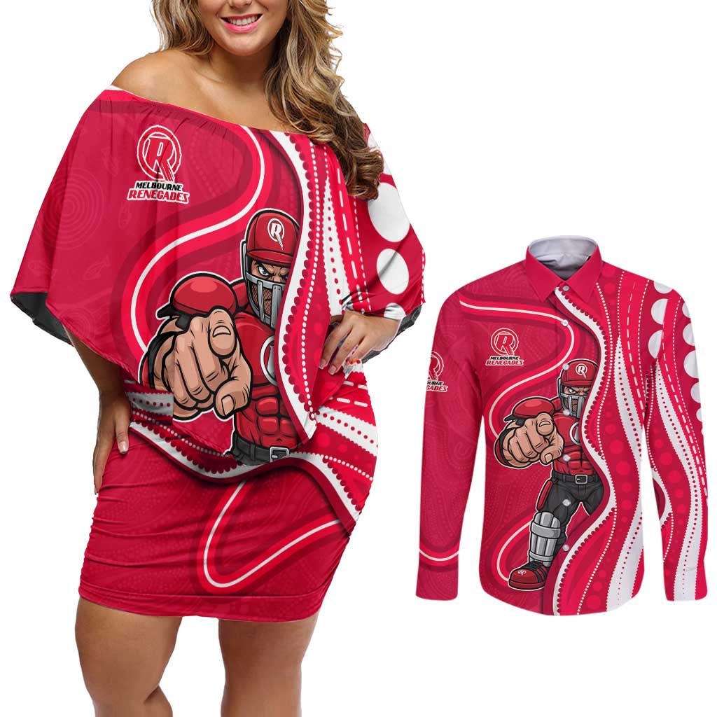 Melbourne Renegades Couples Matching Off Shoulder Short Dress and Long Sleeve Button Shirt Aboriginal Dot Art Red White - Tribal Wave Pattern